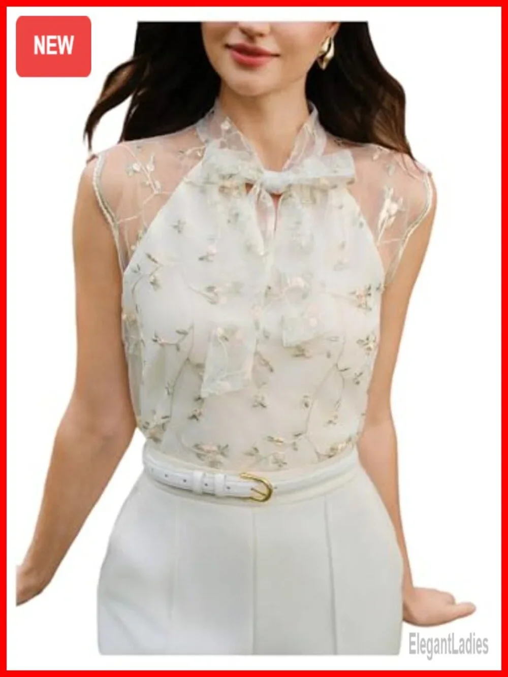 Sleeveless Floral Embroidery Sheer Mesh Blouse with Bow Tie Neck